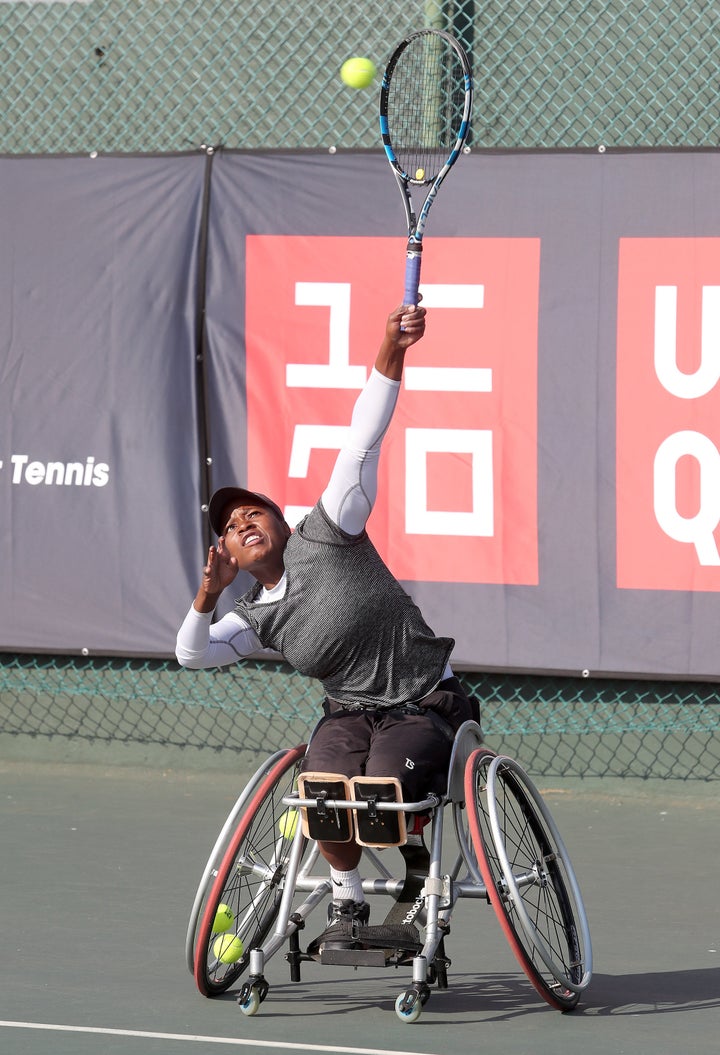 Kgothatso Montjane in action in the women's final during day 4 of the Wheelchair Tennis Joburg Open at the Arthur Ashe Tennis Centre in Johannesburg on July 05 2017.