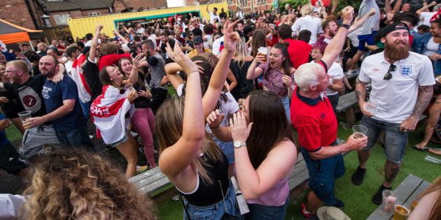 Football fans gather in The Old Crown, the oldest pub in Birmingham, England, to watch England play Croatia in the semi-final of the World Cup on July 11 2018.