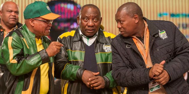 President Jacob Zuma with Deputy President Cyril Ramaphosa and ANC treasurer-general –– and would-be president –– Zweli Mkhize during the African National Congress (ANC) 5th national policy conference at the Nasrec Expo Centre on July 05, 2017 in Johannesburg, South Africa.