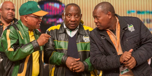 President Jacob Zuma with Deputy President Cyril Ramaphosa and ANC treasurer-general –– and would-be president –– Zweli Mkhize during the African National Congress (ANC) 5th national policy conference at the Nasrec Expo Centre on July 05, 2017 in Johannesburg, South Africa.