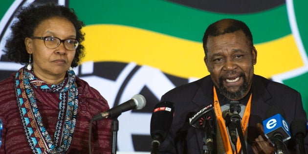 Fèbé Potgieter-Gqubule and Joel Netshitenzhe address the media on the sidelines of the African National Congress (ANC) 5th national policy conference at the Nasrec Expo Centre on July 04, 2017 in Johannesburg, South Africa.