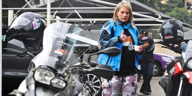 Zelda la Grange, former private secretary to Nelson Mandela, joins the Bikers For Mandela in Johannesburg while preparing for Mandela Day; July 14 2012. The bikers later drove through South Africa helping with community upliftment and empowerment projects. (Photo by Bongiwe Gumede/Foto24/Gallo Images/Getty Images)