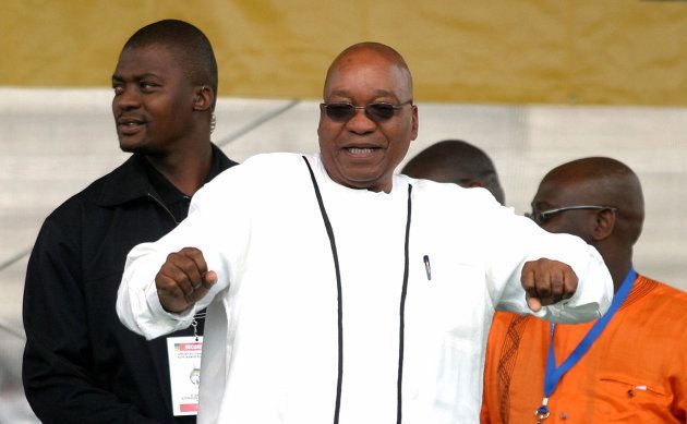 President of ANC Jacob Zuma dances and sings with the crowd his popular song 'Umshini WAMI' at the ANC 96th anniversary rally in Atteridgeville, January, 2008. (PABALLO THEKISO/AFP/Getty Images)