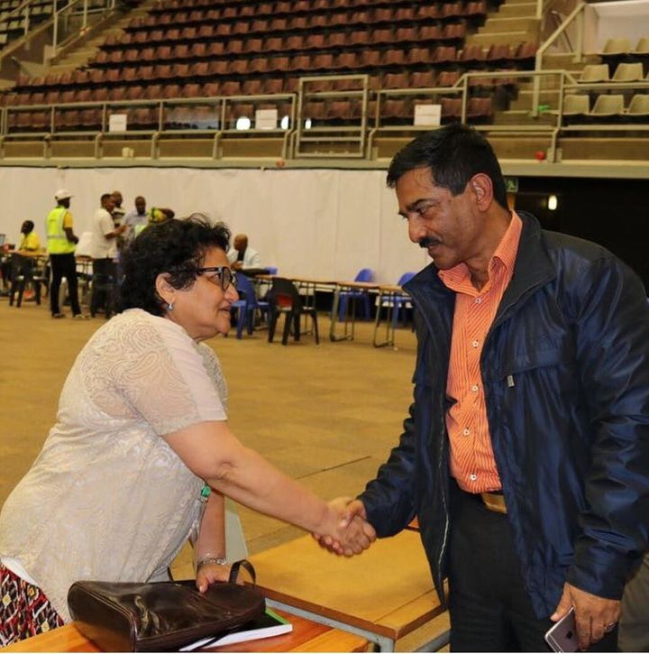 Roy Moodley, who, according to Jacques Pauw, paid President Jacob Zuma a salary for four months after he became president, chatting to ANC deputy secretary-general Jessie Duarte and checking in for #ANC54 at UJ earlier.