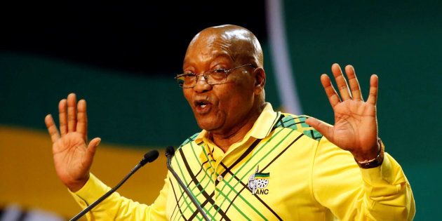 President of South Africa Jacob Zuma gestures to his supporters at the 54th National Conference of the ruling African National Congress (ANC) at the Nasrec Expo Centre in Johannesburg, South Africa December 16, 2017. REUTERS/Siphiwe Sibeko