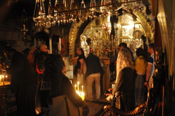 Worshipers inside the Church of the Holy Sepulchre in Jerusalem