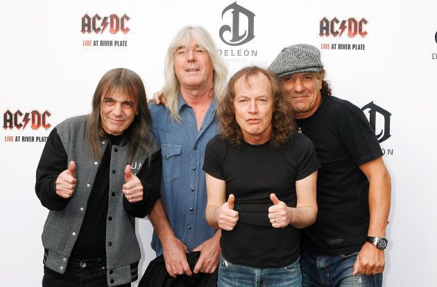 Malcolm Young, Cliff Williams, Angus Young, Brian Johnson of AC/DC promote their new DVD 'Live at River Plate' at the HMV Hammersmith Apollo in London.
