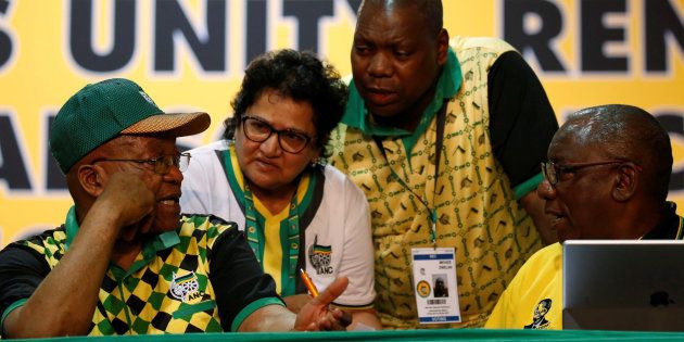 President Jacob Zuma (L) gestures as he speaks to Jessie Duarte, Dr Zweli Mkhize and Deputy President Cyril Ramaphosa (R) during the 54th National Conference of the ruling African National Congress (ANC) at the Nasrec Expo Centre in Johannesburg, South Africa December 17, 2017.