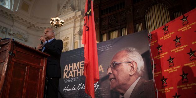 South African former Finance Minister Pravin Gordhan gestures as he delivers a speech at the Memorial for the late Anti-Apartheid Stalwart Ahmed Kathrada.