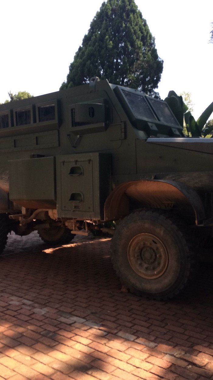 Armoured vehicle located on the Gupta property.