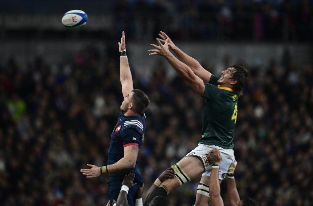 South Africa's lock and captain Eben Etzebeth (R) reaches for the ball in a line out during the friendly rugby union international Test match between France and South Africa's Springboks.