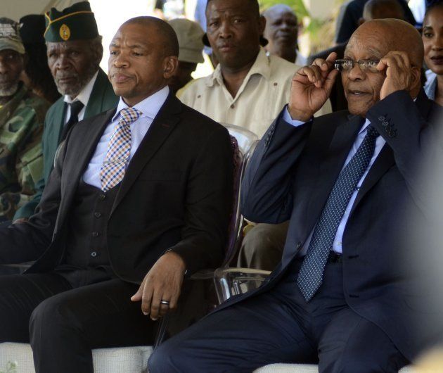 North West Premier Supra Mahumapelo and President Jacob Zuma during the unveiling of a monument dedicated to Zuma at the Groot Marico site on October 05, 2017.