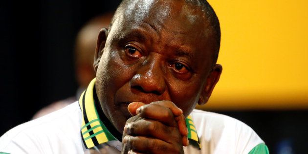 Deputy president of South Africa Cyril Ramaphosa reacts after he was elected president of the ANC at the Nasrec Expo Centre in Johannesburg, South Africa December 18, 2017.