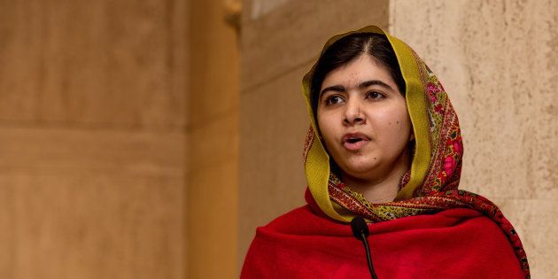 Malala Yousafzai gives a speech in 2015 in Birmingham, England.