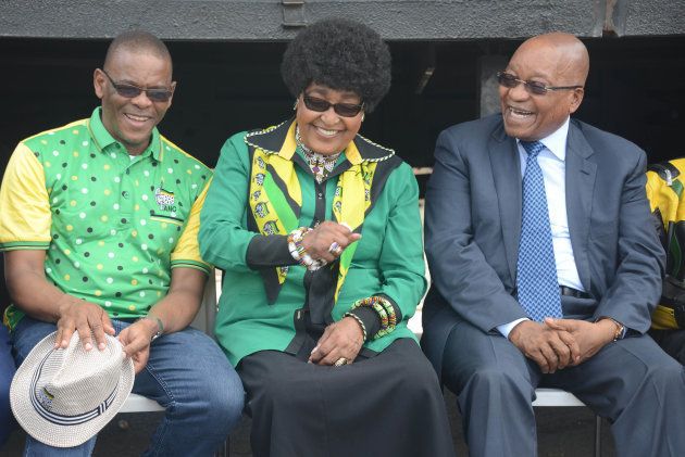 JOHANNESBURG, SOUTH AFRICA - JANUARY 08: (SOUTH AFRICA OUT): ce Magashule, Winnie Madikizela-Mandela and Jacob Zuma during 105th anniversary celebrations of the founding of the African National Congress (ANC) on January 08, 2016 at Orlando stadium in Soweto, South Africa. The celebration marks the momentous anniversary of the liberating party of South Africa who ushered in an era of Democracy following decades of Apartheid rule. (Photo by Frennie Shivambu/Gallo Images/Getty Images)