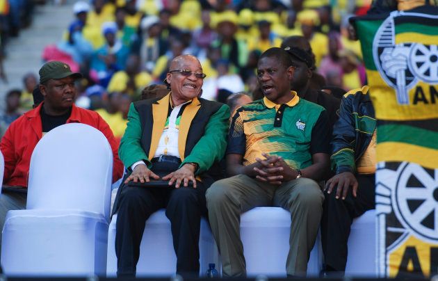JOHANNESBURG, SOUTH AFRICA - JUNE 04: (SOUTH AFRICA OUT): President Jacob Zuma and ANC Gauteng chairman; Paul Mashatile sit next to each other during the Gauteng ANC manifesto launch at FNB Stadium on June 04, 2016 in Johannesburg, South Africa. Speaking at the launch, President Zuma said no other political party other than the ANC should be allowed to govern the province, the hub of the countrys economy. (Photo by Thapelo Maphakela/Foto24/Gallo Images/Getty Images)
