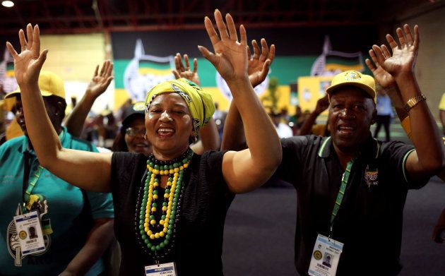 ANC members celebrate after South African Deputy president Cyril Ramaphosa was elected president of the ANC during the 54th National Conference of the ruling African National Congress (ANC) at the Nasrec Expo Centre in Johannesburg, South Africa December 18, 2017. REUTERS/Siphiwe Sibeko