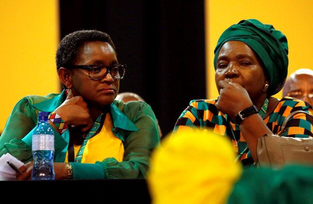 Nkosazana Dlamini-Zuma, former minister and chairwoman of the African Union Commission, reacts next to ANC member Bathabile Dlamini as they wait for the election results during the 54th National Conference of the ruling African National Congress (ANC) at the Nasrec Expo Centre in Johannesburg, South Africa December 18, 2017. REUTERS/Siphiwe Sibeko