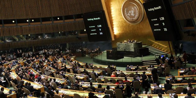 The voting results are displayed on the floor of the United Nations General Assembly in which the United States declaration of Jerusalem as Israel's capital was declared 'null and void' on December 21, 2017 in New York City.