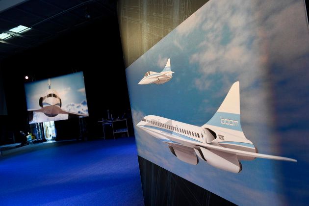 Displays show artists renderings of the XB-1 Supersonic Demonstrator jet at Boom Technology at Centennial Airport on November 14, 2016 in Centennial, Colorado.