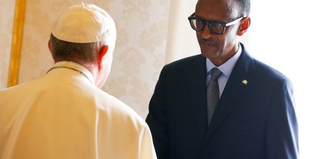 Rwanda's President Paul Kagame greets Pope Francis during a private meeting at the Vatican.