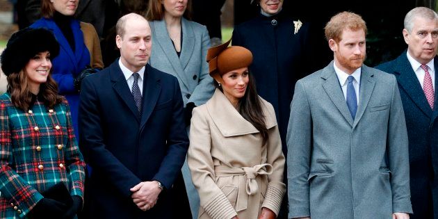 Catherine, Duchess of Cambridge, Prince William, Duke of Cambridge, actress Meghan Markle and Prince Harry wait to see off Queen Elizabeth II after attending the Christmas Day church service at St Mary Magdalene Church in Sandringham, Norfolk, on December 25, 2017.