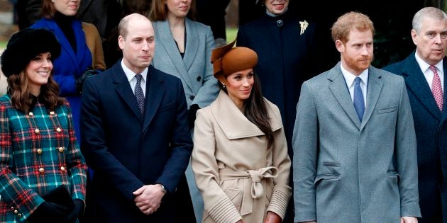 Catherine, Duchess of Cambridge, Prince William, Duke of Cambridge, actress Meghan Markle and Prince Harry wait to see off Queen Elizabeth II after attending the Christmas Day church service at St Mary Magdalene Church in Sandringham, Norfolk, on December 25, 2017.