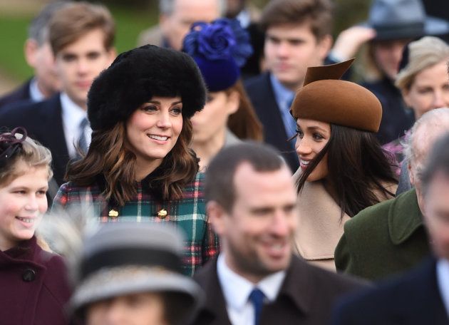 The Duchess of Cambridge and Meghan Markle arriving to attend the Christmas Day morning church service at St Mary Magdalene Church in Sandringham, Norfolk. (Photo by Joe Giddens/PA Images via Getty Images)