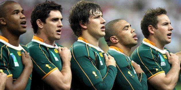 South African players line up for the national anthem