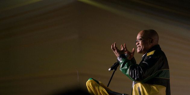 President Jacob Zuma addresses crowds gathered to celebrate his 75th birthday in Kliptown, Johannesburg, South Africa, April 12, 2017.