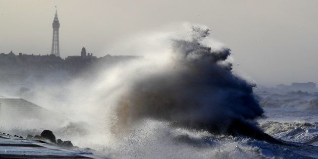 Big waves crash over the sea walls in Blackpool as Storm Eleanor lashed the UK with violent storm-force winds. (Photo by Peter Byrne/PA Images via Getty Images)