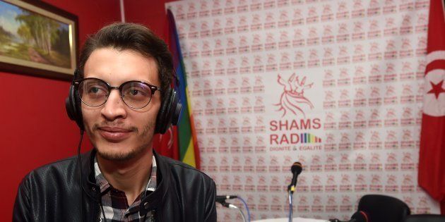 Bouhdid Belhadi, director of Radio Shams, the first LGBT radio station in the Arab region, poses in the studio prior to doing a live broadcast during the opening of the radio station on December 18, 2017 in Tunis.