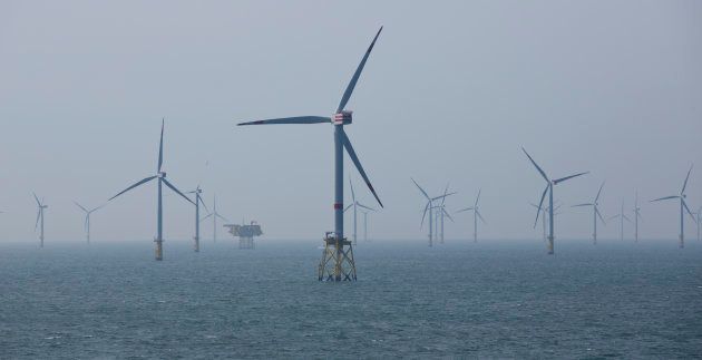 Wind turbines are pictured in the north sea near Helgoland, Germany in 2015.