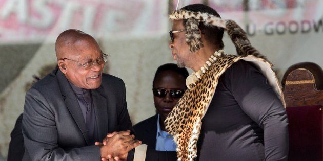 President Jacob Zuma greets Zulu King Goodwill Zwelithini.