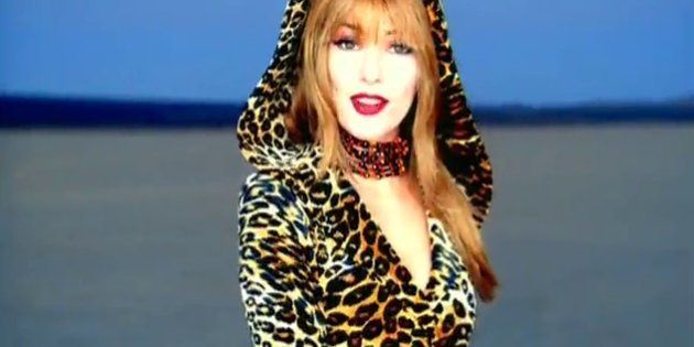 Shania Twain in her iconic hooded leopard skin outfit from the music video