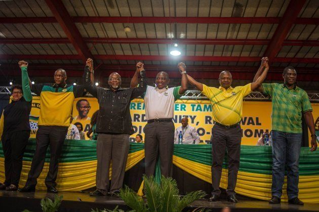 (From L) African National Congress (ANC) top six elected, Deputy secretary general Jessie Duarte, secretary Ace Magashule, National Chair Gwede Mantashe, President Cyril Ramaphosa, Deputy President David Mabuza and treasurer general Paul Mashatile.