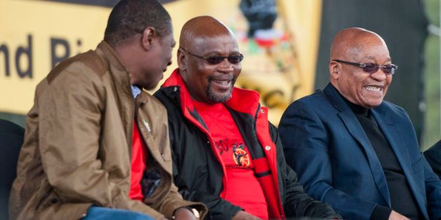 Happier days: President Jacob Zuma, Sidumo Dlamini and Paul Mashatile share a moment of laughter during the Congress of South African Trade Unions (COSATU) May Day rally on May 01, 2016.