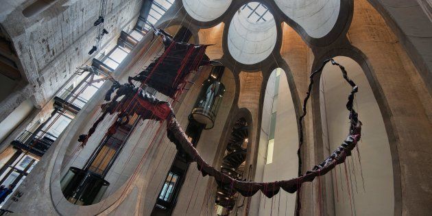 A sculpture by South African artist Nicholas Hlobo dominates the main hall in The Zeitz Museum of Contemporary African Art in Cape Town on September 15, 2017. This museum, the first of its kind on the African continent, was created out of old corn silos in the harbour district.