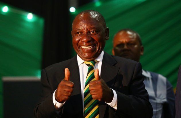 African National Congress (ANC) President Cyril Ramaphosa gestures during the partys 106th birthday celebrations at the City Hall on January 08, 2018 in East London, South Africa. The partys new elected president said the ANC is back with a bang and we will be dealing with those stealing public money. He also preached unity. (Photo by Masi Losi/Sowetan/Gallo Images/Getty Images)