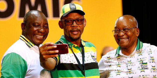 Cyril Ramaphosa (L), Jacob Zuma (R) and Pule Mabe during the 54th national conference of the ANC. December 18, 2017.