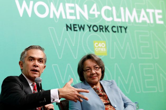 Mexico City's mayor, Miguel Angel Mancera, speaks as Cape Town mayor Patricia de Lille looks on during the C40 Cities Women4Climate event in New York City, U.S. March 15, 2017.