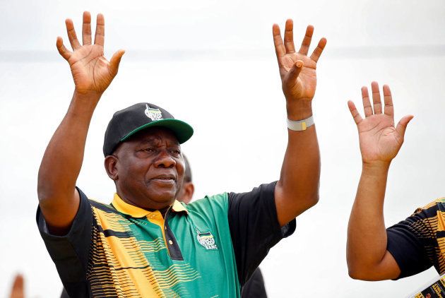 President of the ANC Cyril Ramaphosa waves to supporters ahead of the ANC's 106th anniversary celebrations, in East London, South Africa, January 13, 2018.