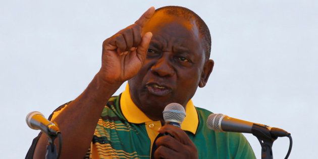 ANC President Cyril Ramaphosa addresses supporters during the Congress' 106th anniversary celebrations, in East London, South Africa, January 13, 2018.