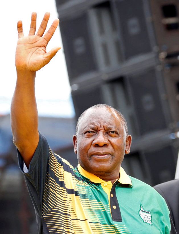 President of the ANC Cyril Ramaphosa waves to supporters ahead of the ANC's 106th anniversary celebrations, in East London, South Africa, January 13, 2018.