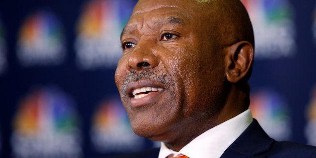 South Africa's Reserve Bank Governor Lesetja Kganyago speaks during a television interview at the World Economic Forum on Africa 2017 meeting in Durban, South Africa, May 4, 2017. REUTERS/Rogan Ward