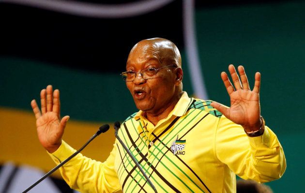 President of South Africa Jacob Zuma gestures to his supporters at the 54th National Conference of the ruling African National Congress (ANC) at the Nasrec Expo Centre in Johannesburg, South Africa December 16, 2017. REUTERS/Siphiwe Sibeko