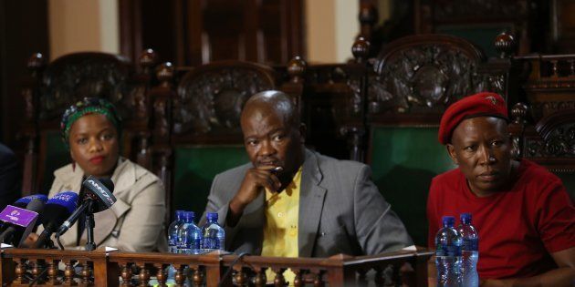 The DA's Phumzile Van Damme, UDM's Bantu Holomisa and EFF's Julius Malema during a media briefing about the planned national day of action march as part of calls for President Jacob Zuma to step down on April 10, 2017 in Pretoria, South Africa.