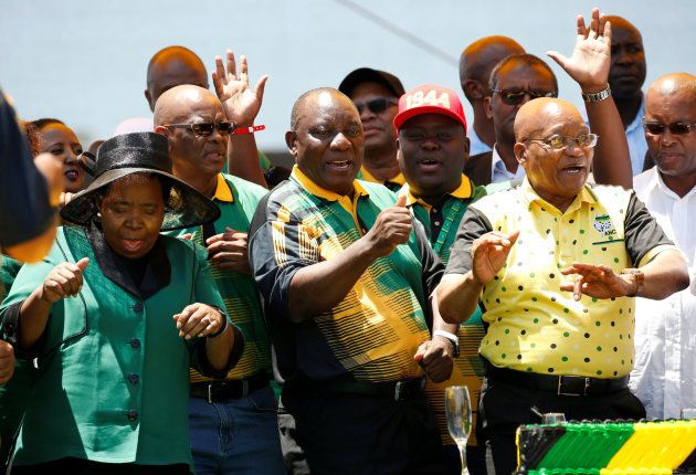 Deputy President Cyril Ramaphosa (centre) at the ANC's January 8th celebrations earlier. On is left is Nkosazana Dlamini-Zuma and President Jacob Zuma.
