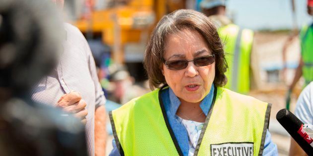 Cape Town mayor Patricia de Lille talks to media at a a borehole the city was drilling in Mitchells Plain earlier this month.