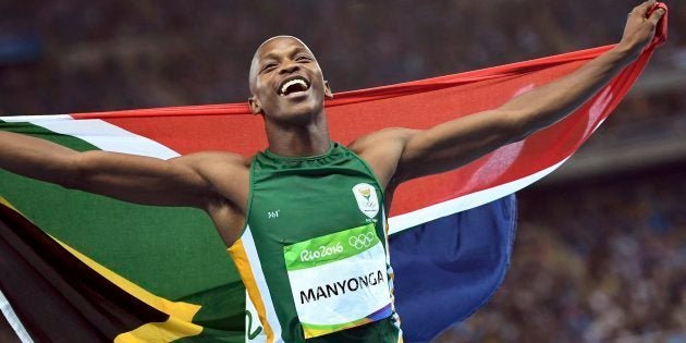 Luvo Manyonga (RSA) of South Africa celebrates after winning the silver medal in the long jump final at the Rio Olympics.